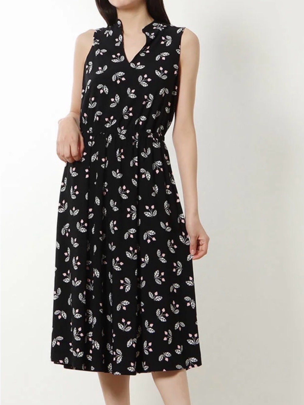 Anne Klein Black Sleeveless Floral-Print Midi Dress